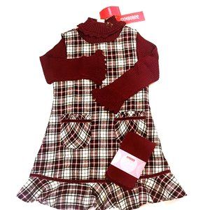 NWT Gymboree Girl Plaid Jumper, Red Embroidered Floral Rib Sweater & Tights 4